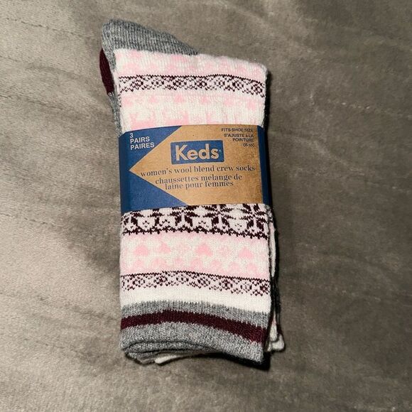 Keds Burgundy Gray Pink White US W 6-10 Super Soft Wool Blend 3-Pack Crew Socks - Picture 1 of 14